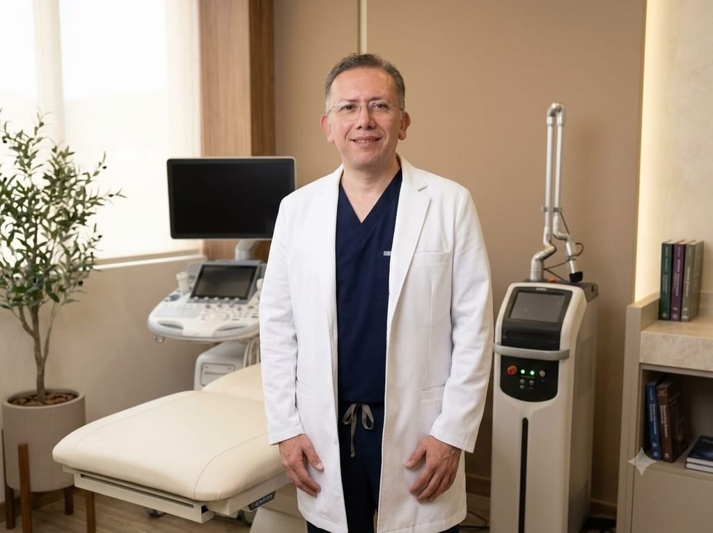 Dr. Ignacio Reyes Urrutia, cirujano ginecólogo, en su consultorio con equipo de ultrasonido y láser CO2 en Ciudad de México