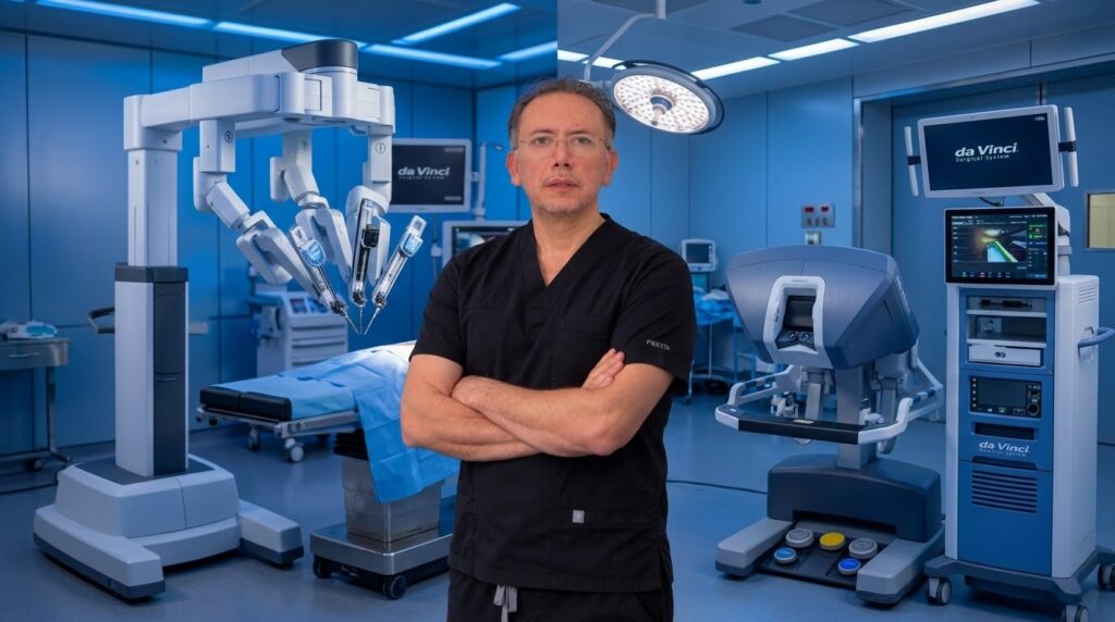 Dr. Ignacio Reyes Urrutia, cirujano ginecólogo robótico, en quirófano con plataforma Da Vinci