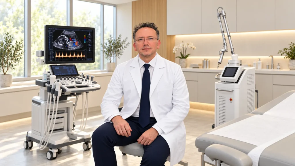 Dr. Ignacio Reyes Urrutia, ginecólogo y obstetra, en su consultorio con equipo de ultrasonido y láser CO2