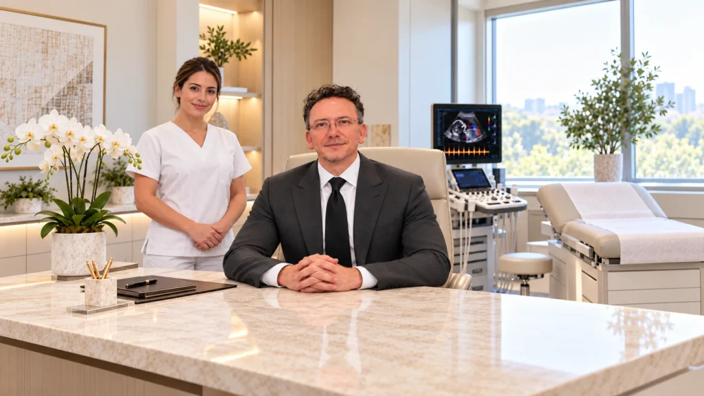 Dr. Ignacio Reyes Urrutia y su equipo de enfermería en el consultorio de ginecología, Ciudad de México