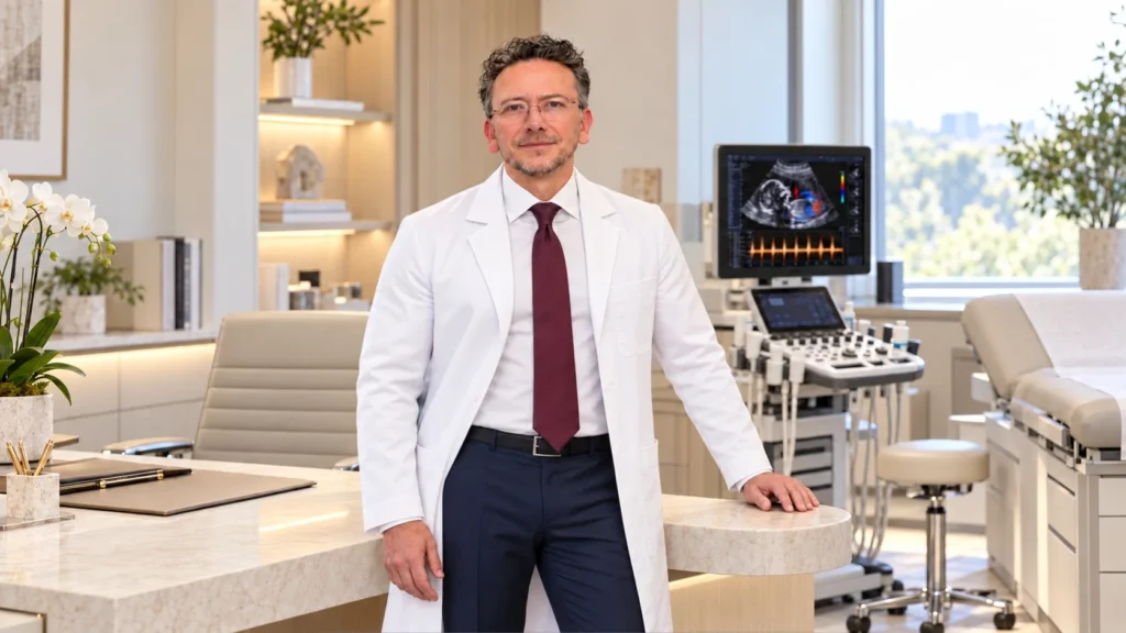Dr. Ignacio Reyes Urrutia en su consultorio con equipo de ultrasonido, Ciudad de México