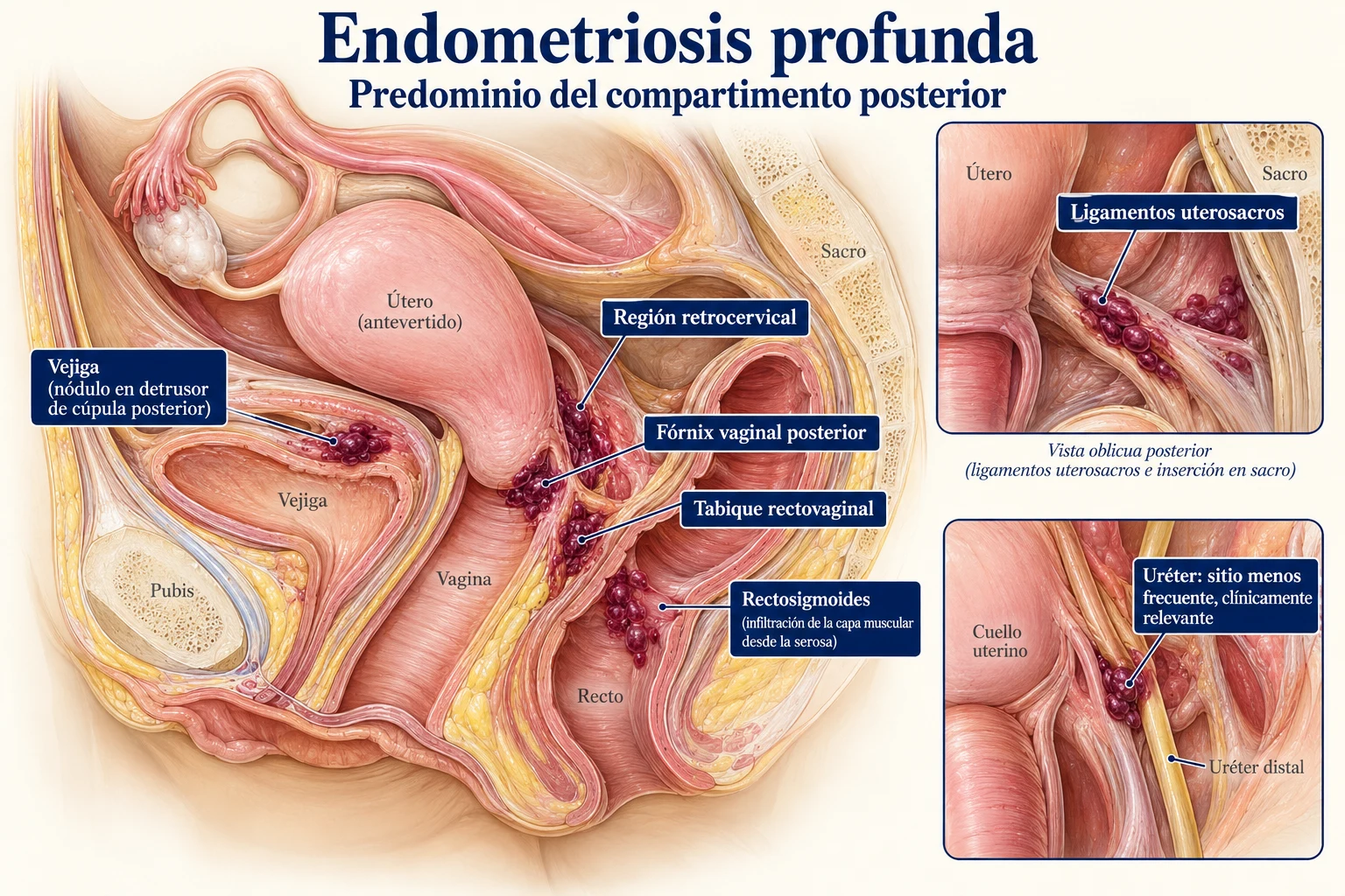 Ilustración de endometriosis profunda en pelvis femenina: afectación de ligamentos uterosacros, tabique rectovaginal, rectosigmoides, vejiga y uréter