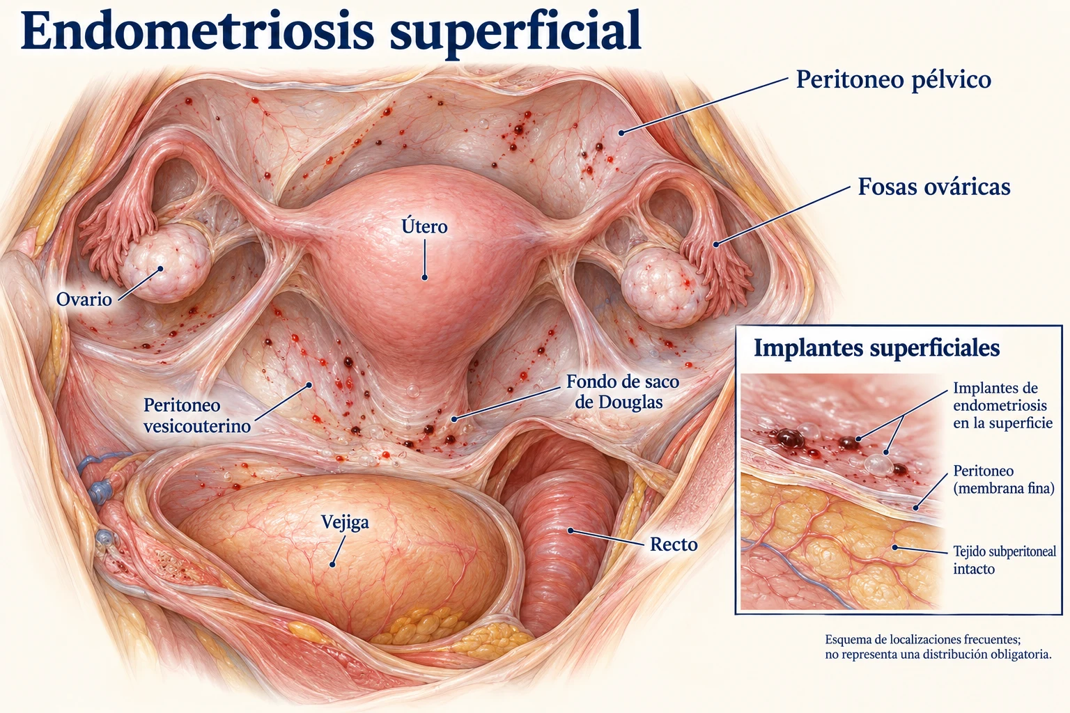Ilustración de endometriosis superficial: implantes sobre el peritoneo pélvico, el fondo de saco de Douglas y las fosas ováricas