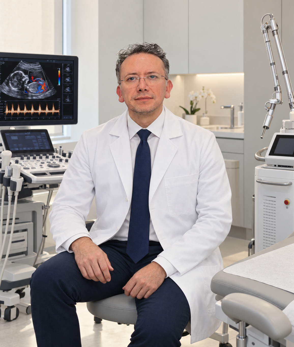 Dr. Ignacio Reyes Urrutia, ginecólogo y obstetra, en su consultorio de Ciudad de México con equipo de ultrasonido y láser CO2