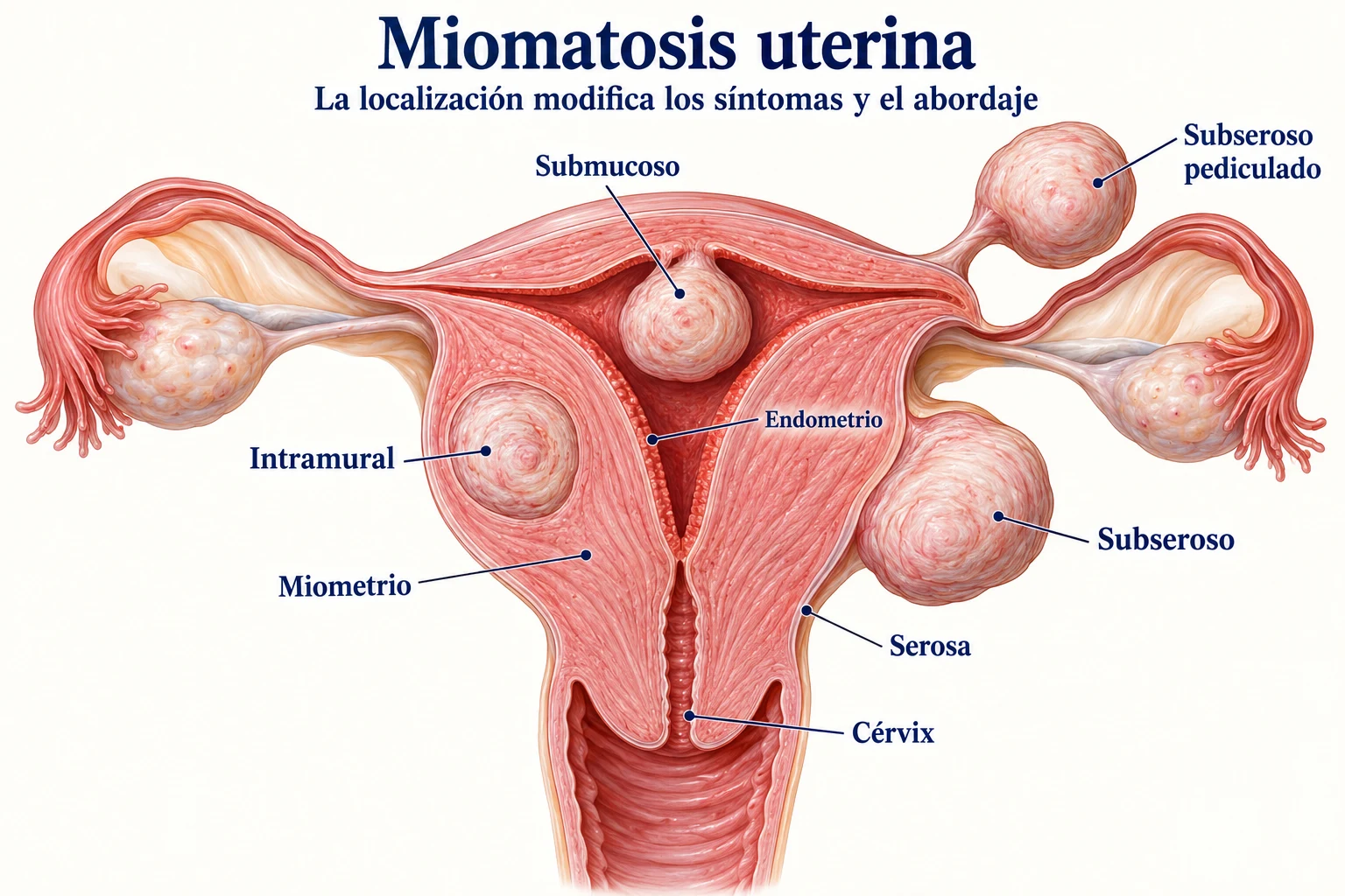 Ilustración de miomatosis uterina: corte del útero con las cuatro localizaciones de los miomas, submucoso, intramural, subseroso y subseroso pediculado